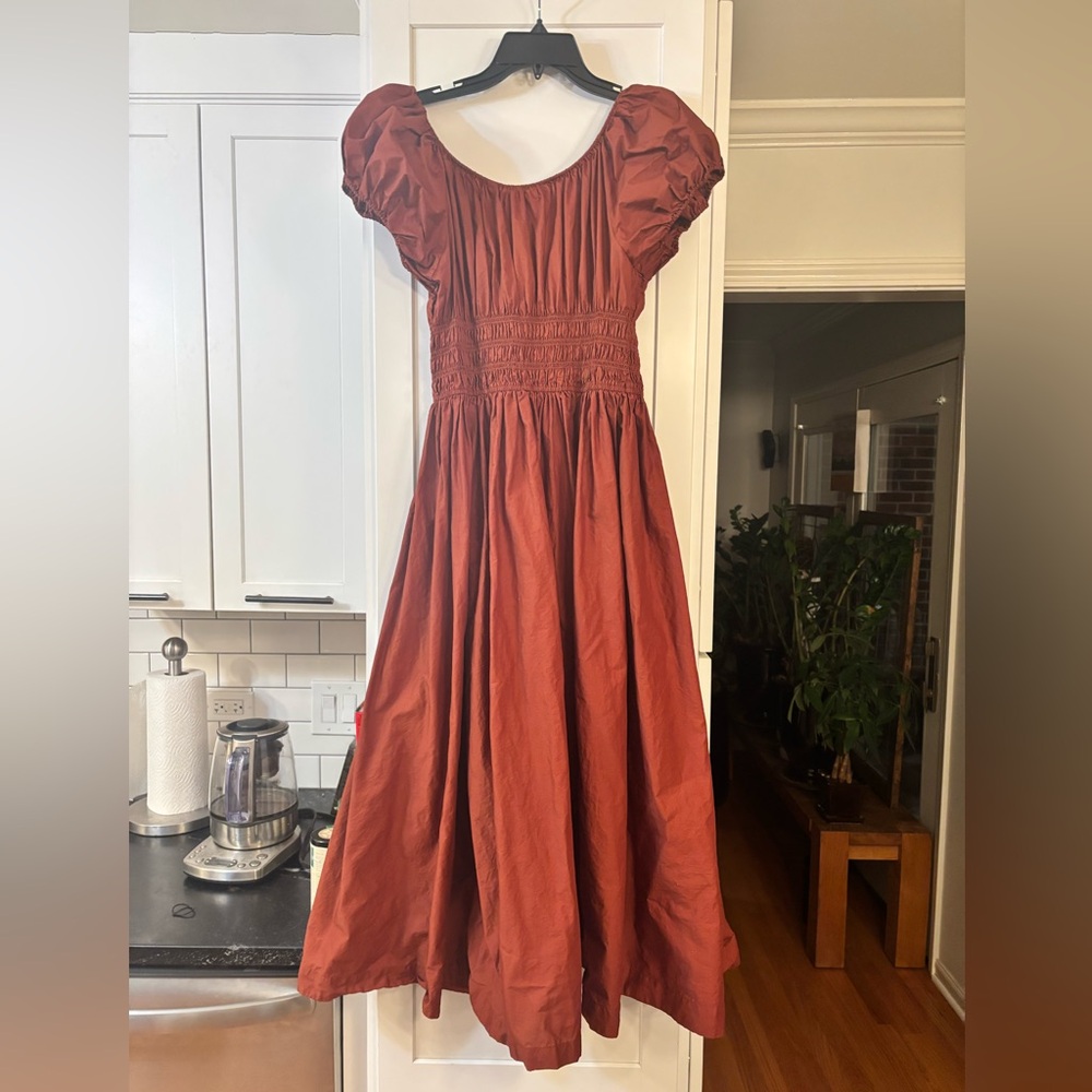 Doen Quinn cotton poplin puff sleeve midi dress in Amberwood rust - Picture 7 of 9